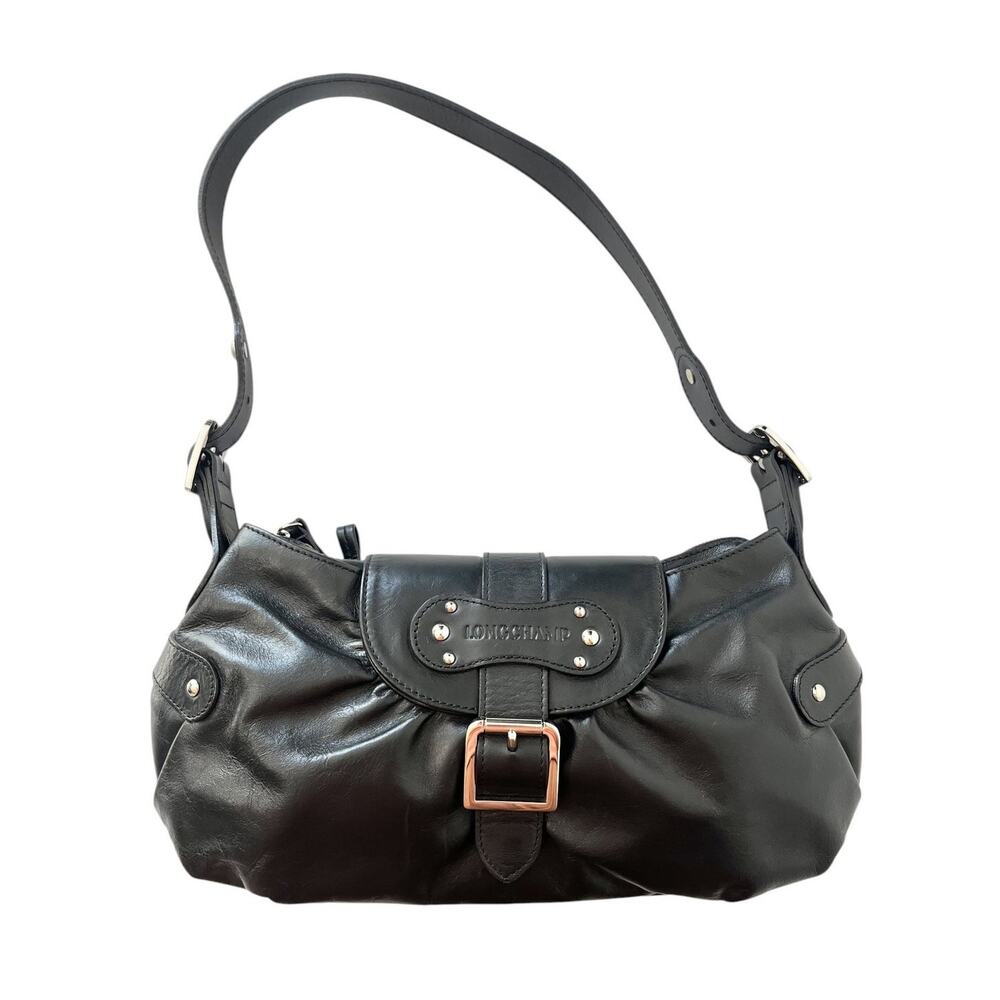 Longchamp Idole Black Leather Shoulder Bag Baguette Vintage Y2K Silver Buckle